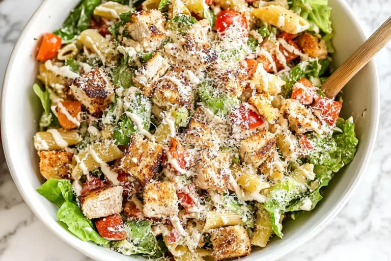 Chicken Caesar Pasta Salad with grilled chicken, penne pasta, Romaine, and Caesar dressing in a white bowl.