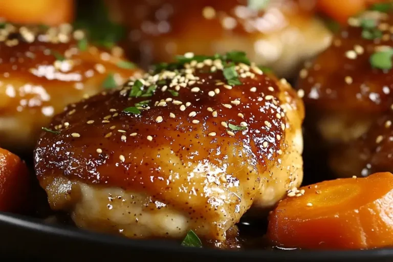 Crispy Brown Sugar Mustard Chicken Thighs with Roasted Carrots topped with sesame seeds and herbs.