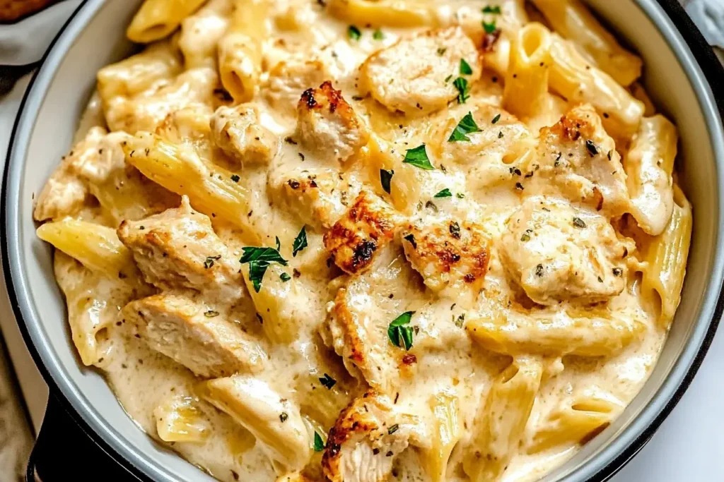 Creamy Ricotta Chicken Pasta with tender chicken and penne in a rich, cheesy sauce, garnished with fresh herbs.