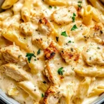 Creamy Ricotta Chicken Pasta with tender chicken and penne in a rich, cheesy sauce, garnished with fresh herbs.