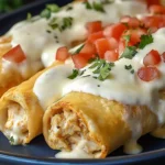 Close-up of Baked Cream Cheese Chicken Taquitos topped with melted cheese, diced tomatoes, and fresh cilantro.