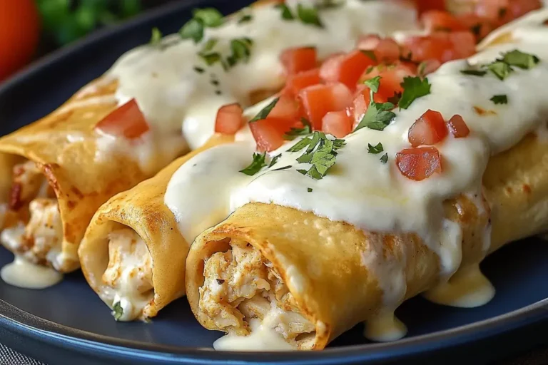 Close-up of Baked Cream Cheese Chicken Taquitos topped with melted cheese, diced tomatoes, and fresh cilantro.