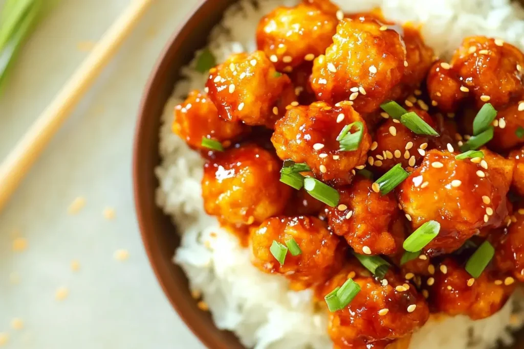 Close-up of crispy Volcano Chicken topped with sesame seeds and green onions over a bed of white rice.