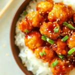 Close-up of crispy Volcano Chicken topped with sesame seeds and green onions over a bed of white rice.