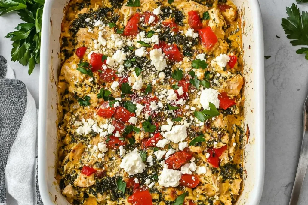 Greek Chicken Casserole topped with feta, tomatoes, and parsley in a white baking dish.