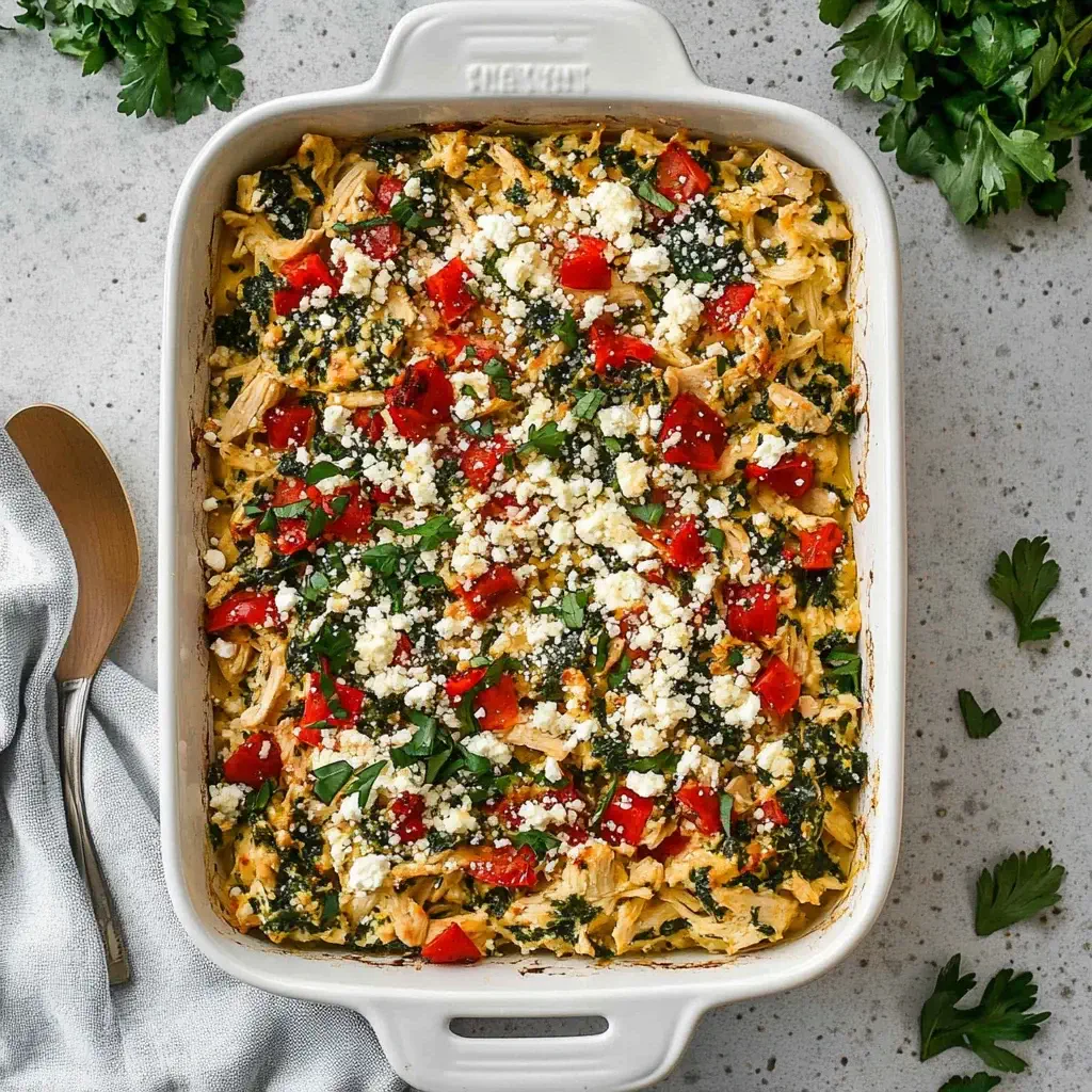 Greek Chicken Casserole with orzo, spinach, tomatoes, and feta in a white baking dish.