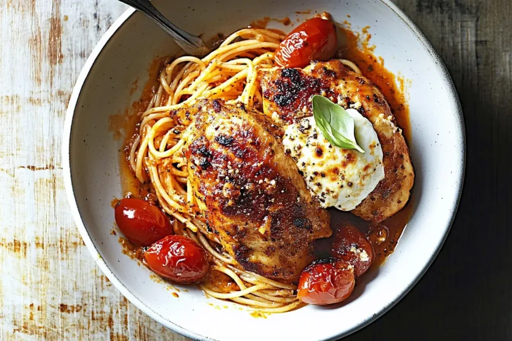 Garlic Tomato Chicken with Mozzarella served over spaghetti with roasted cherry tomatoes and fresh basil.