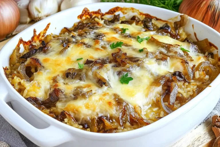 French Onion Chicken and Rice casserole topped with caramelized onions and melted Gruyère cheese in a white baking dish.