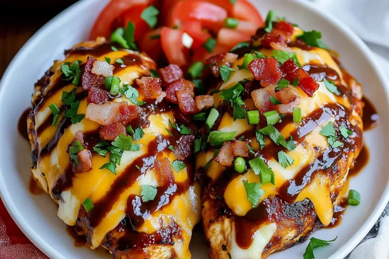 Monterey Chicken topped with melted cheese, bacon, BBQ sauce, and green onions on a white plate