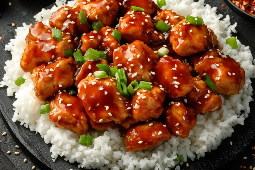 Firecracker Chicken Recipe served over white rice with sesame seeds and green onions