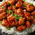 Firecracker Chicken Recipe served over white rice with sesame seeds and green onions