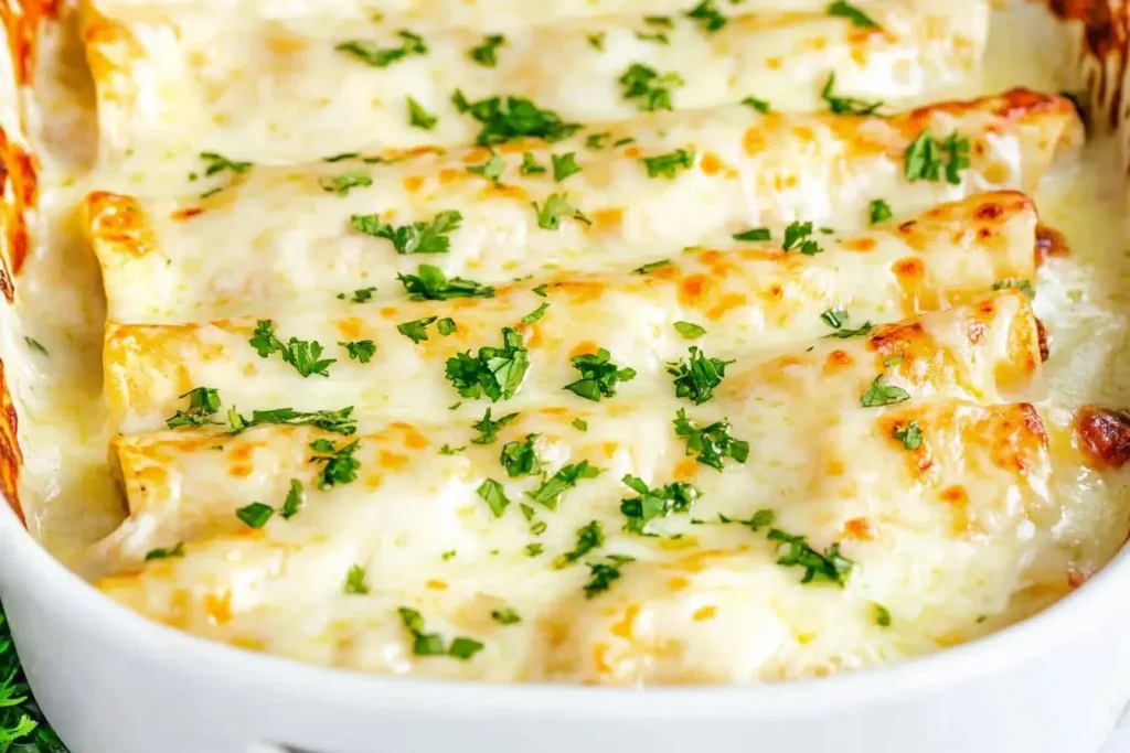 Baked White Chicken Enchilada Casserole covered in melted cheese and garnished with fresh parsley in a white dish.