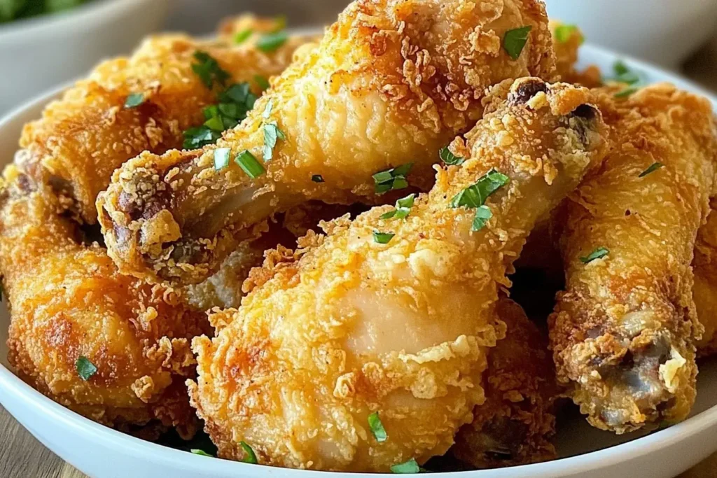 Crispy and golden Homemade KFC-Style Oven-Baked Chicken drumsticks served in a white bowl.