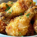 Crispy and golden Homemade KFC-Style Oven-Baked Chicken drumsticks served in a white bowl.