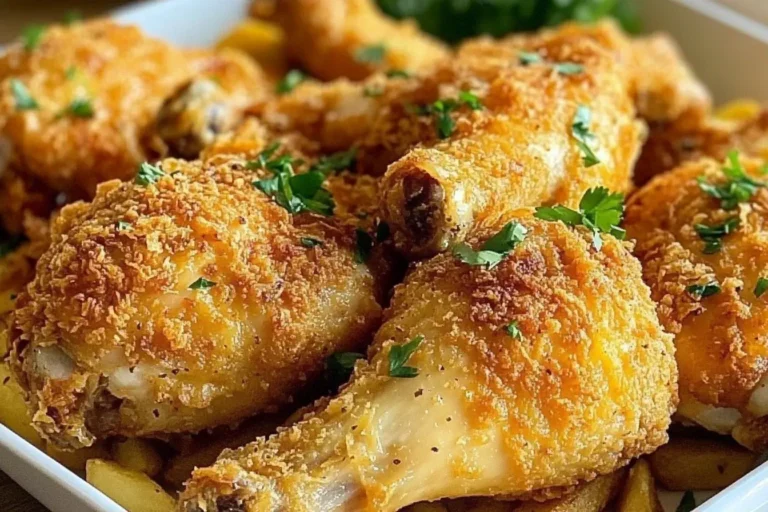Golden and crunchy Homemade KFC-Style Oven-Baked Chicken served over thick-cut fries in a white dish.