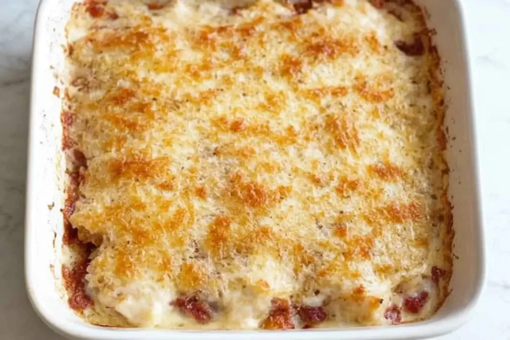 Golden-baked Chicken Cordon Bleu Casserole with a crispy cheese topping in a white baking dish.