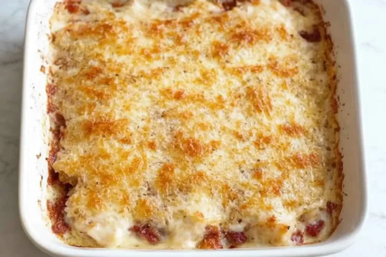 Golden-baked Chicken Cordon Bleu Casserole with a crispy cheese topping in a white baking dish.