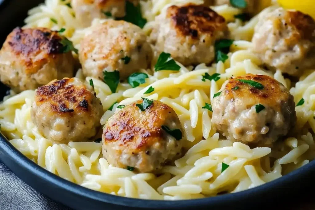 Lemon Garlic Chicken Meatballs Orzo served in a skillet, garnished with parsley.