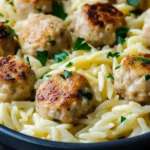 Lemon Garlic Chicken Meatballs Orzo served in a skillet, garnished with parsley.