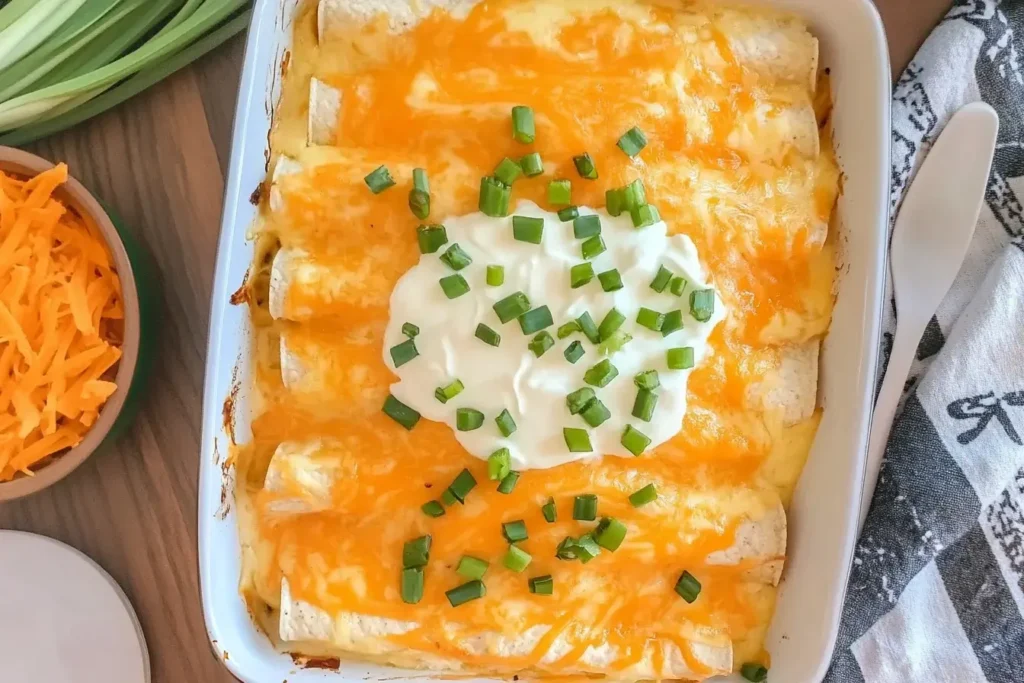 Cheesy Sour Cream Chicken Enchilada Casserole topped with sour cream and green onions in a white baking dish.