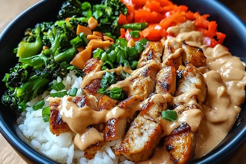 Thai Peanut Chicken Bowl with grilled chicken, peanut sauce, jasmine rice, broccoli, and bell peppers in a black bowl.