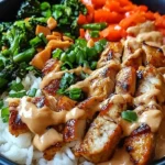 Thai Peanut Chicken Bowl with grilled chicken, peanut sauce, jasmine rice, broccoli, and bell peppers in a black bowl.