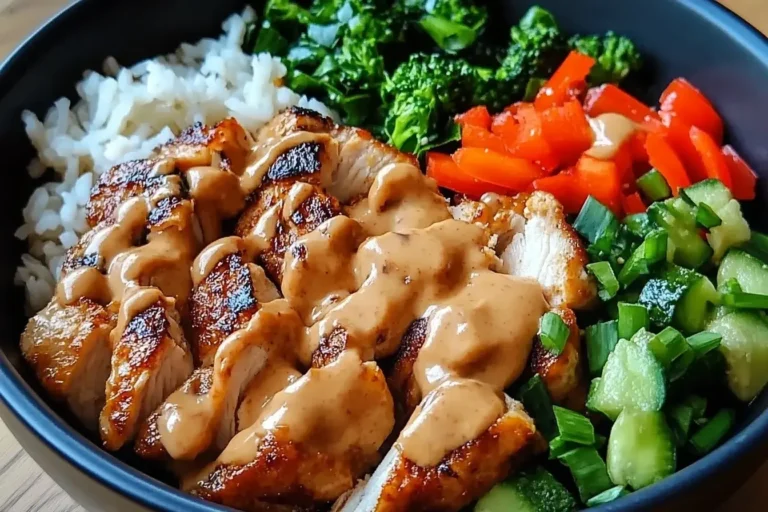 Grilled chicken drizzled with Thai peanut sauce in a vibrant Thai Peanut Chicken Bowl with rice and colorful vegetables.