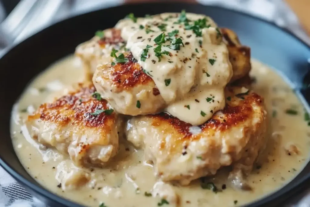 Juicy chicken breasts smothered in creamy Boursin sauce, garnished with fresh parsley — Chicken in Boursin Sauce served in a black bowl.