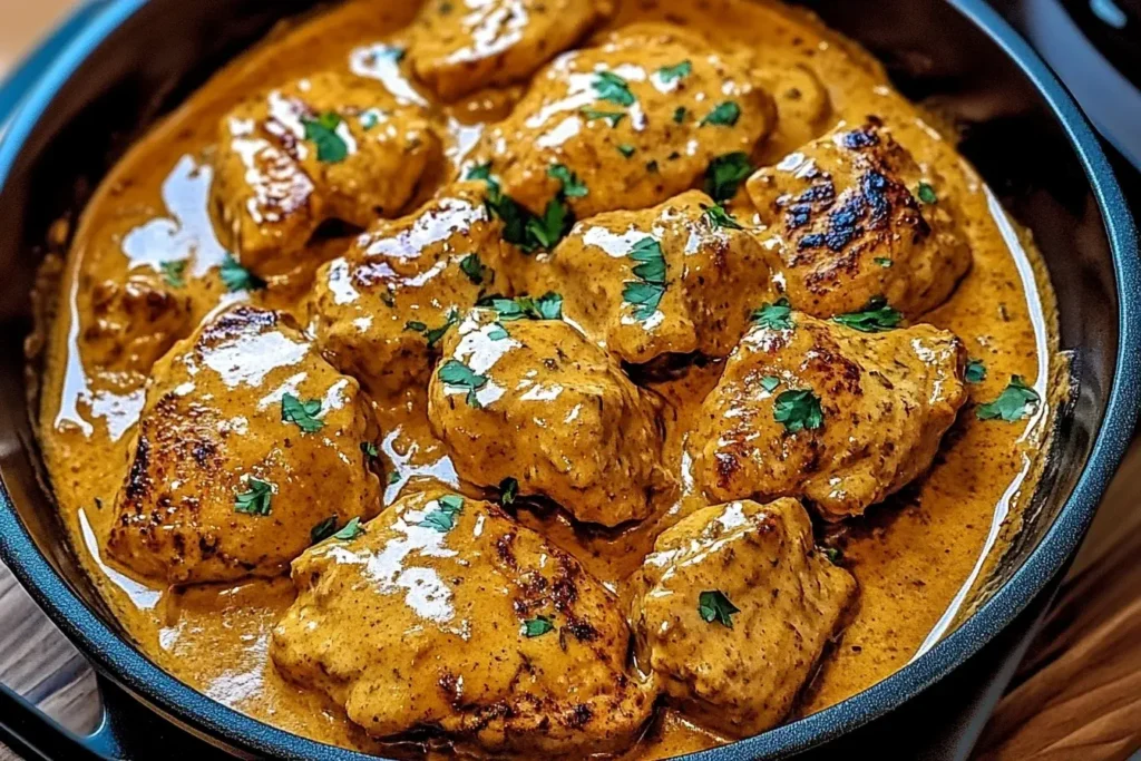 Tender chunks of Cowboy Butter Chicken simmering in a creamy, spicy butter sauce, garnished with fresh herbs.