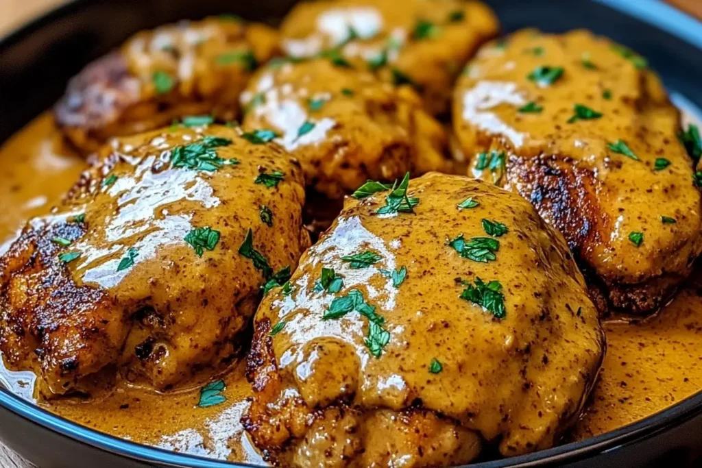 Juicy Cowboy Butter Chicken breasts smothered in creamy garlic-herb butter sauce, garnished with fresh parsley.