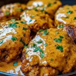 Juicy Cowboy Butter Chicken breasts smothered in creamy garlic-herb butter sauce, garnished with fresh parsley.