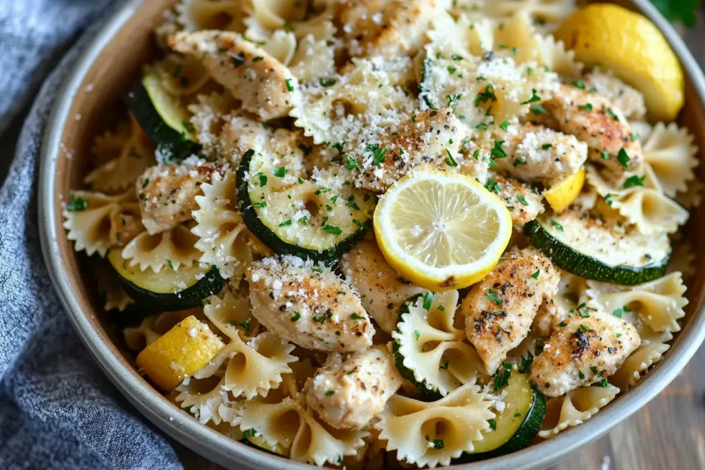 Bowl of Lemon Chicken Pasta with grilled chicken, zucchini, lemon slices, and parmesan over bowtie pasta.