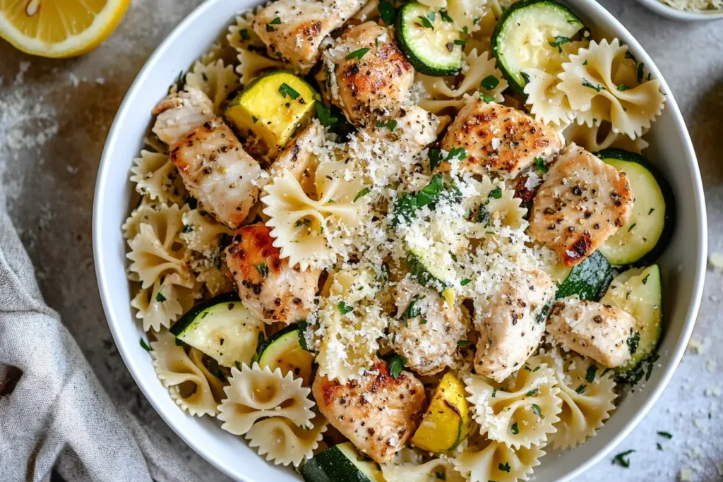 Close-up of creamy Lemon Chicken Pasta with zucchini, yellow squash, and bowtie pasta topped with parmesan cheese.