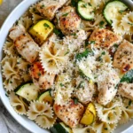 Close-up of creamy Lemon Chicken Pasta with zucchini, yellow squash, and bowtie pasta topped with parmesan cheese.