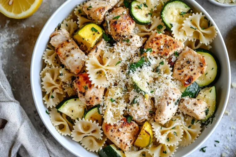 Close-up of creamy Lemon Chicken Pasta with zucchini, yellow squash, and bowtie pasta topped with parmesan cheese.