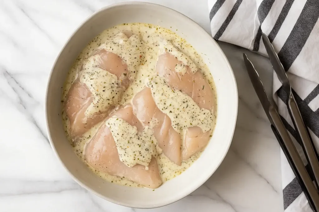 Raw chicken breasts marinating in a creamy Greek marinated chicken yogurt sauce with herbs and lemon zest in a white bowl.