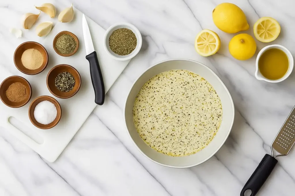 Ingredients for Greek marinated chicken including garlic, spices, lemons, olive oil, and a bowl of yogurt marinade on a marble surface.