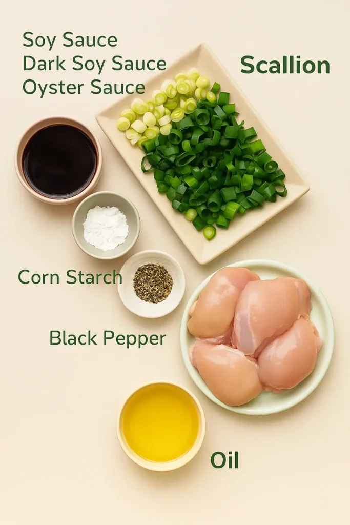 Scallion Chicken ingredients including chicken thighs, scallions, soy sauce, dark soy sauce, oyster sauce, corn starch, black pepper, and oil.