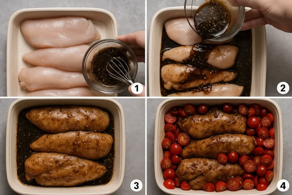 Step-by-step prep for Oven Baked Balsamic Chicken with marinade and cherry tomatoes in a baking dish.