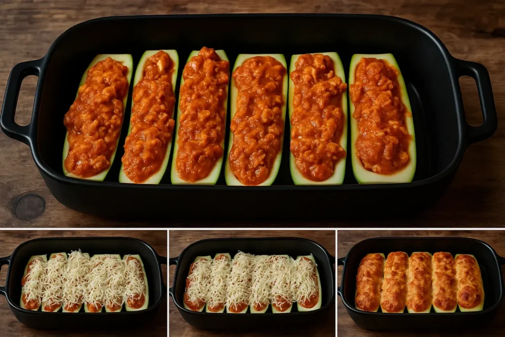Keto Chicken Parmesan Zucchini Boats filled with ground chicken, marinara sauce, and melted cheese in a black baking dish