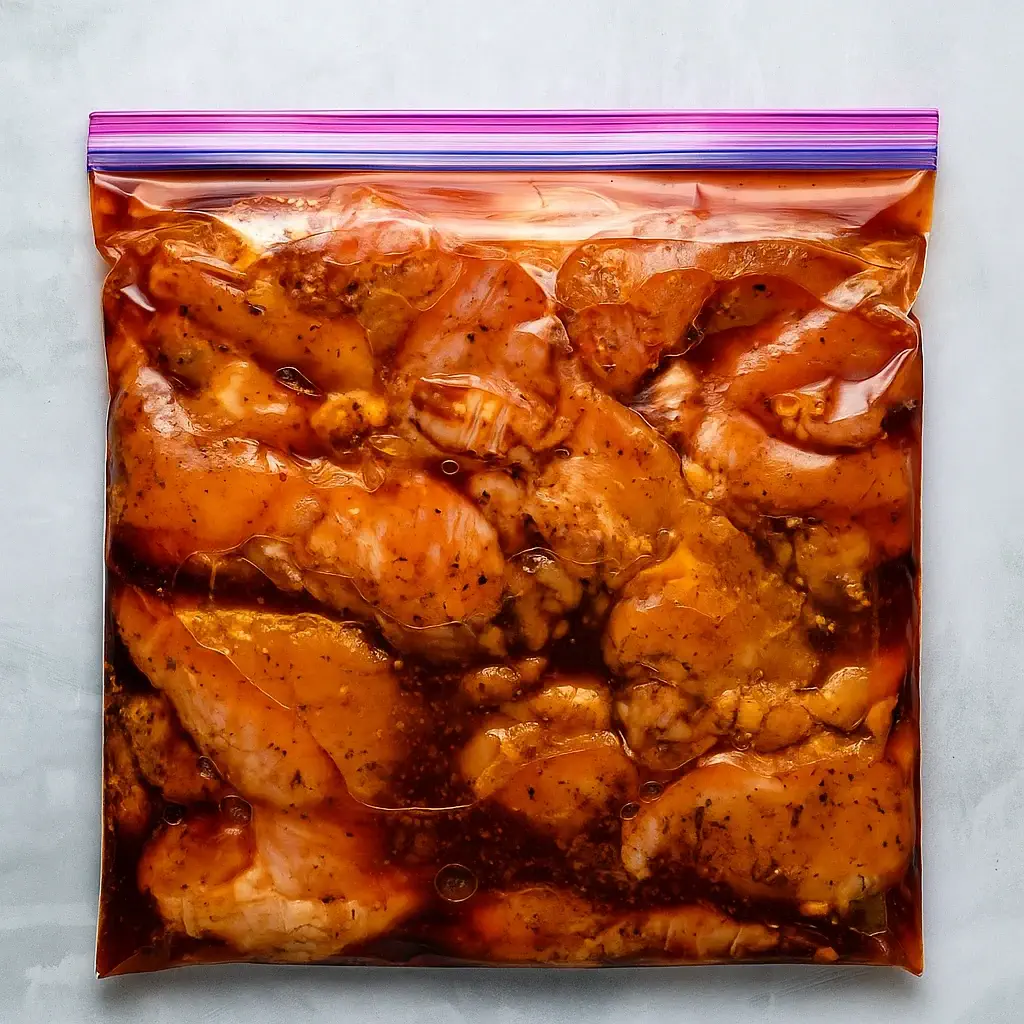 Raw chicken marinating in chili lime marinade inside a sealed zip-top bag.