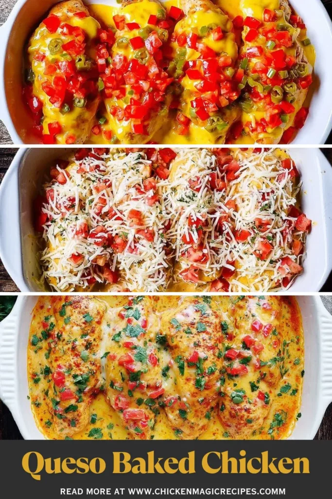 Queso Baked Chicken in three stages of preparation: topped with queso sauce and veggies, covered with shredded cheese, and baked golden with herbs.