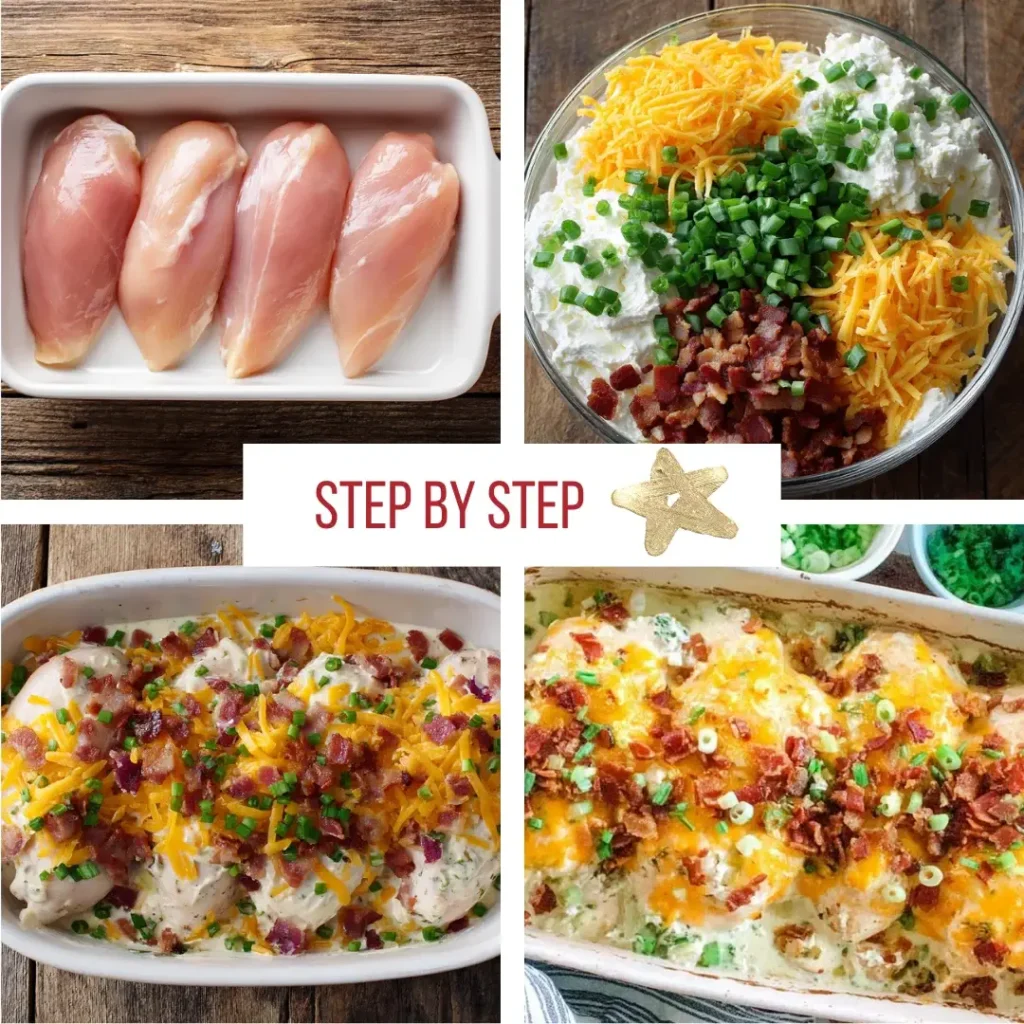 Step-by-step images showing how to make Million Dollar Chicken Bake with raw chicken, creamy cheese mixture, and finished baked dish topped with bacon and green onions.