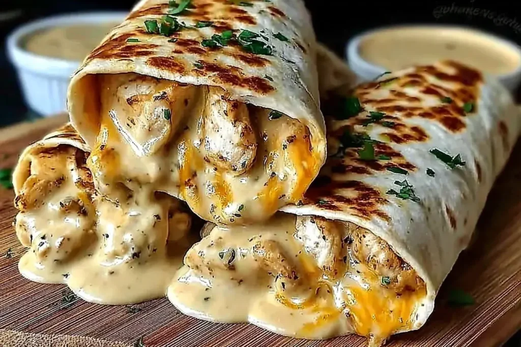 Cheesy Garlic Chicken Wraps loaded with creamy melted cheese and grilled chicken, garnished with fresh herbs.