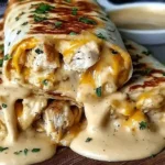 Cheesy Garlic Chicken Wraps smothered in creamy garlic sauce and melted cheese, served hot with fresh herbs.