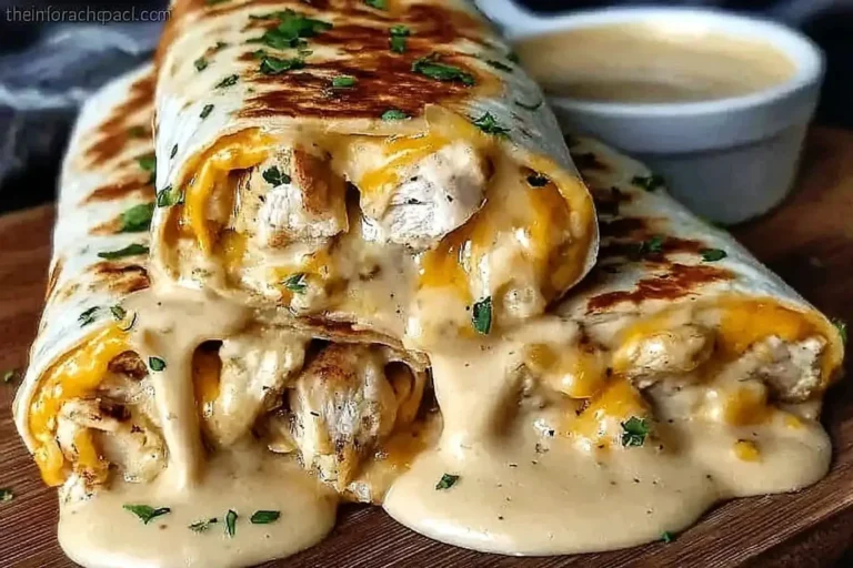 Cheesy Garlic Chicken Wraps smothered in creamy garlic sauce and melted cheese, served hot with fresh herbs.