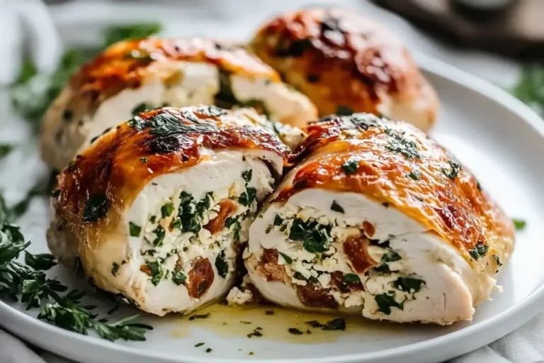 Close-up of juicy Mediterranean Stuffed Chicken Breast with spinach, feta, and herbs.