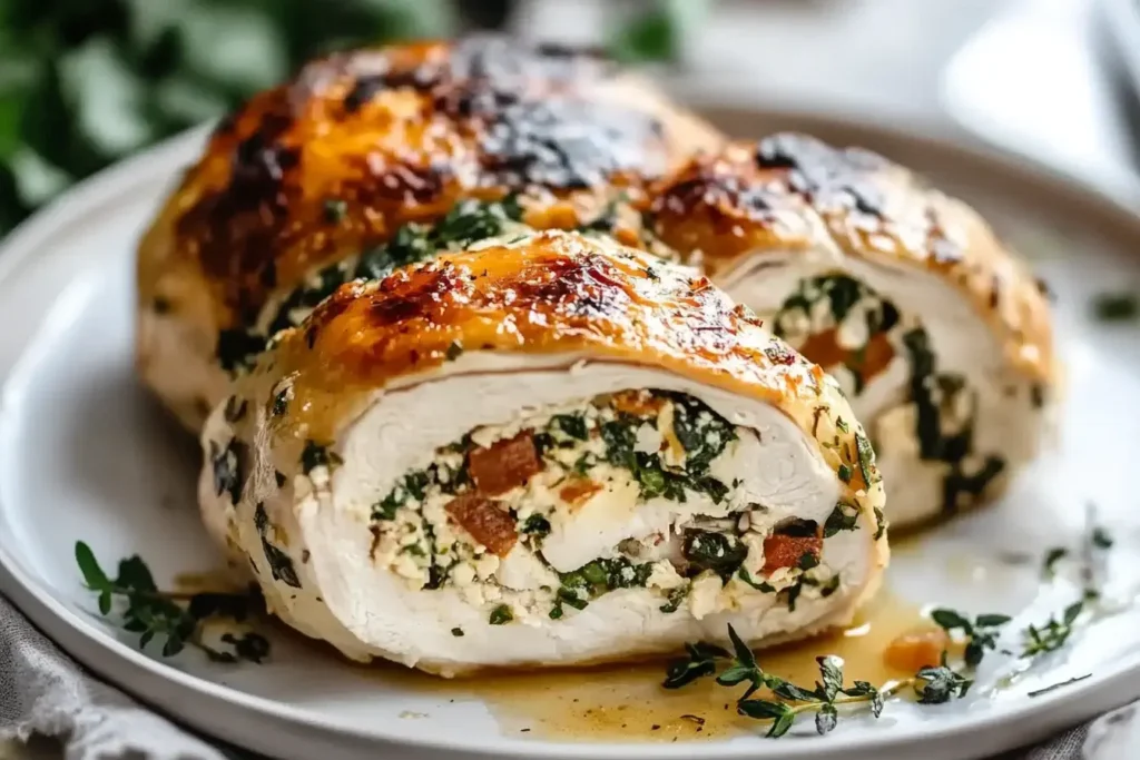 Golden-baked Mediterranean Stuffed Chicken Breast filled with spinach, cheese, and herbs.