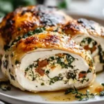 Golden-baked Mediterranean Stuffed Chicken Breast filled with spinach, cheese, and herbs.