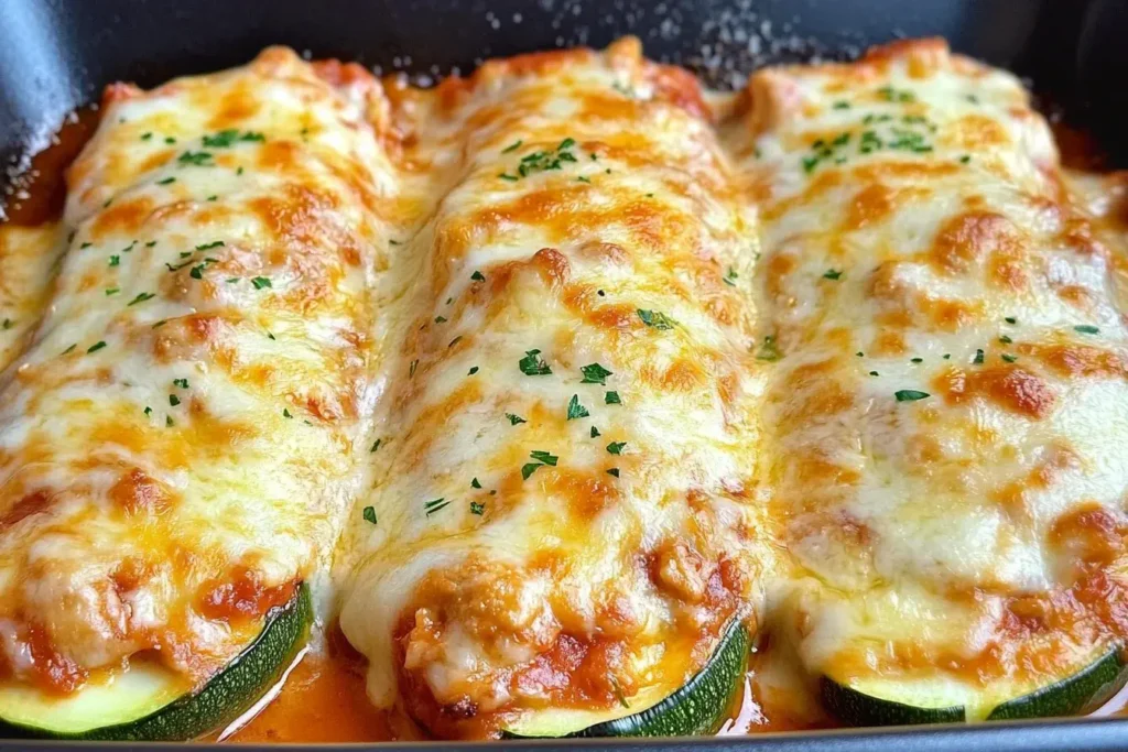 Close-up of baked Keto Chicken Parmesan Zucchini Boats topped with golden melted cheese and herbs